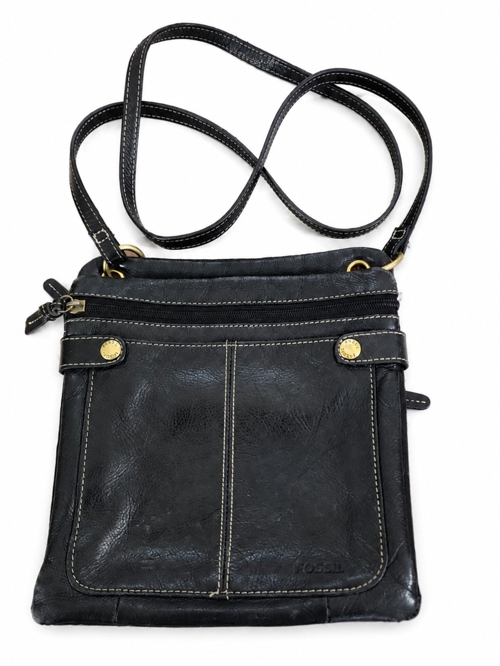 Fossil Black Leather Crossbody with Contrast Stitching